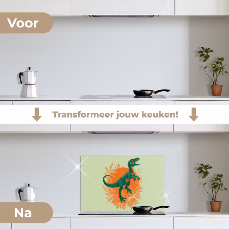 Dinosaurus - Groen - Planten - Cirkel keuken achterwand spatscherm klein -voor_na_NL
