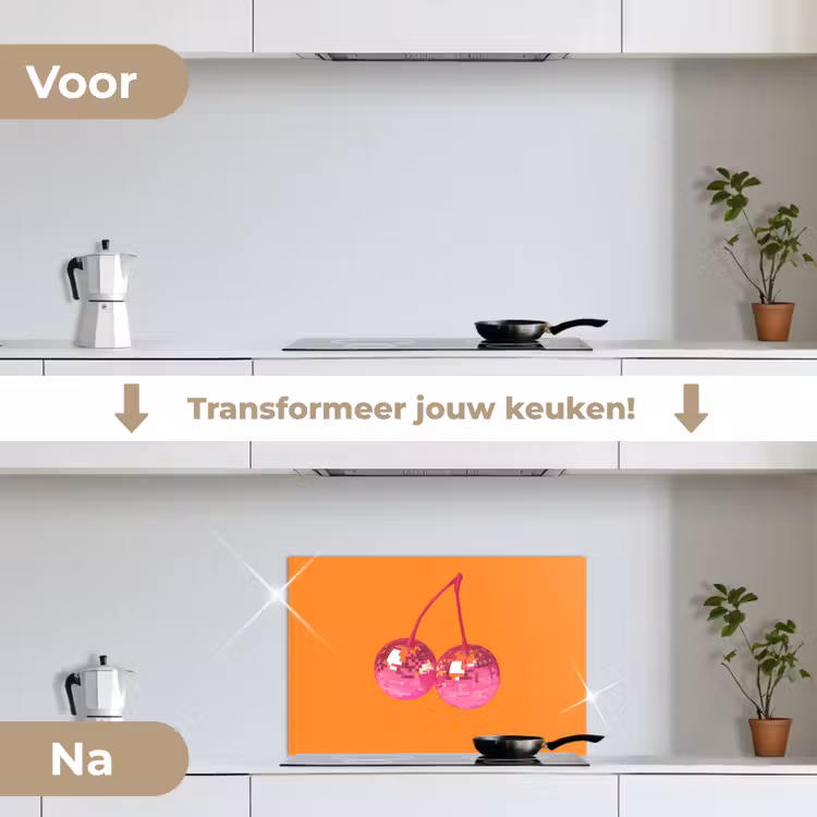 Discoballen - Kers - Spiegels - Roze keuken achterwand spatscherm klein -voor_na_NL