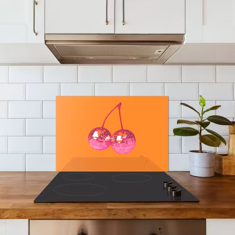 Discoballen - Kers - Spiegels - Roze keuken achterwand spatscherm klein -sfeer2