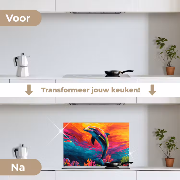 Dolfijn - Kleurrijk - Oceaan - Koraal keuken achterwand spatscherm klein -voor_na_NL