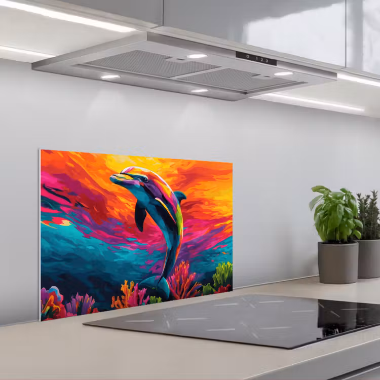 Dolfijn - Kleurrijk - Oceaan - Koraal keuken achterwand spatscherm klein -3d_schuin