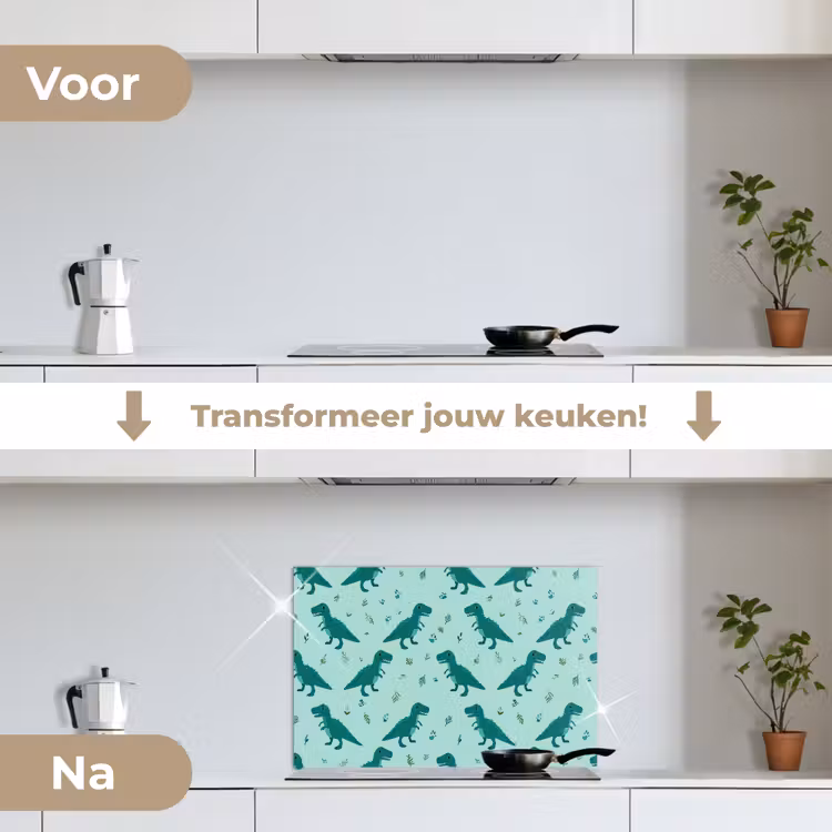 Donkergroen - Dinosaurussen - Afdrukken - Bladeren keuken achterwand spatscherm klein -voor_na_NL