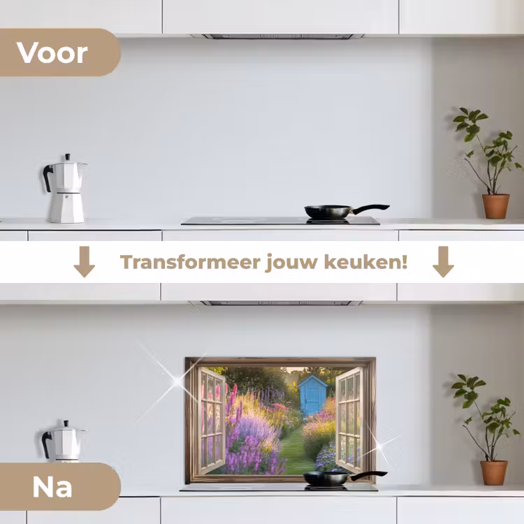 Doorkijk - Bloemen - Raam - Natuur keuken achterwand spatscherm klein -voor_na_NL