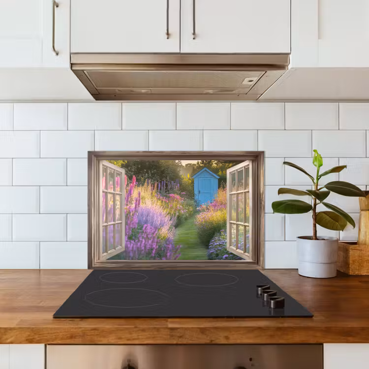 Doorkijk - Bloemen - Raam - Natuur keuken achterwand spatscherm klein -sfeer2