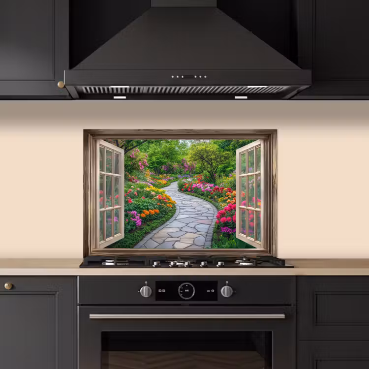Doorkijk - Bloemen - Tuinpad - Natuur - Raam keuken achterwand spatscherm klein -sfeer1