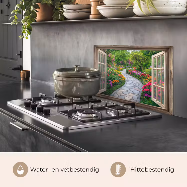 Doorkijk - Bloemen - Tuinpad - Natuur - Raam keuken achterwand spatscherm klein -usp_NL