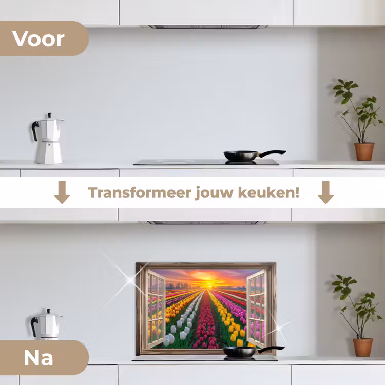 Doorkijk - Bloemen - Tulpen - Kleurrijk - Zonsondergang keuken achterwand spatscherm klein -voor_na_NL