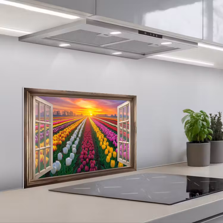 Doorkijk - Bloemen - Tulpen - Kleurrijk - Zonsondergang keuken achterwand spatscherm klein -3d_schuin