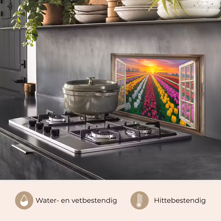 Doorkijk - Bloemen - Tulpen - Kleurrijk - Zonsondergang keuken achterwand spatscherm klein -usp_NL