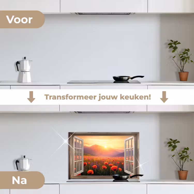 Doorkijk - Klaprozen - Bloemen - Rood - Open raam keuken achterwand spatscherm klein -voor_na_NL