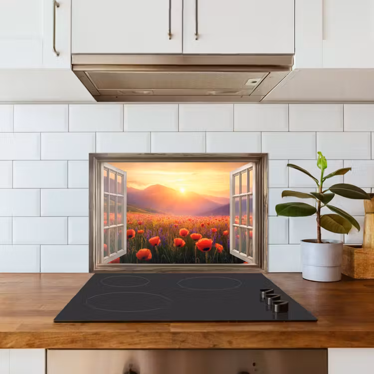 Doorkijk - Klaprozen - Bloemen - Rood - Open raam keuken achterwand spatscherm klein -sfeer2