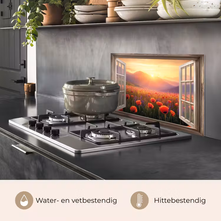 Doorkijk - Klaprozen - Bloemen - Rood - Open raam keuken achterwand spatscherm klein -usp_NL