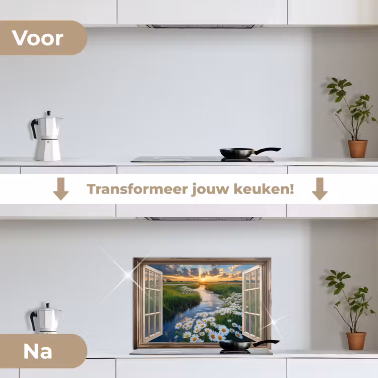 Doorkijk - Landschap - Raam - Water - Zonsondergang keuken achterwand spatscherm klein -voor_na_NL