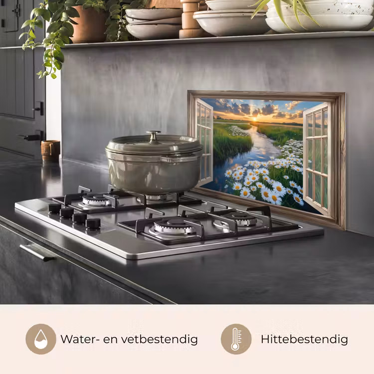 Doorkijk - Landschap - Raam - Water - Zonsondergang keuken achterwand spatscherm klein -usp_NL