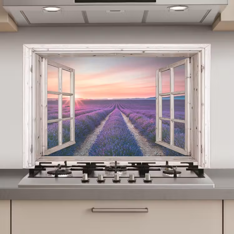 Doorkijk - Lavendel - Bloemen - Hout - Zonsondergang - Paars keuken achterwand spatscherm klein -3d_website