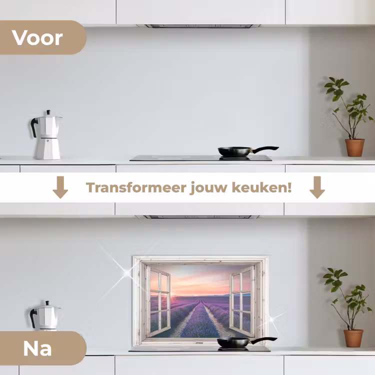 Doorkijk - Lavendel - Bloemen - Hout - Zonsondergang - Paars keuken achterwand spatscherm klein -voor_na_NL