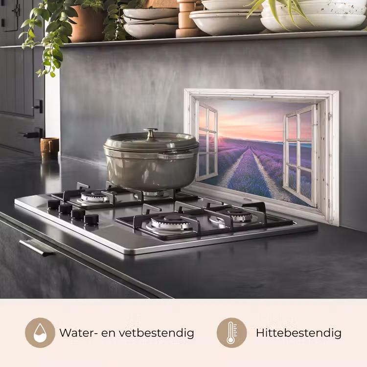 Doorkijk - Lavendel - Bloemen - Hout - Zonsondergang - Paars keuken achterwand spatscherm klein -usp_NL