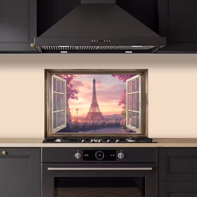 Doorkijk - Parijs - Eiffeltoren - Roze - Kersenbloesem keuken achterwand spatscherm klein -sfeer1