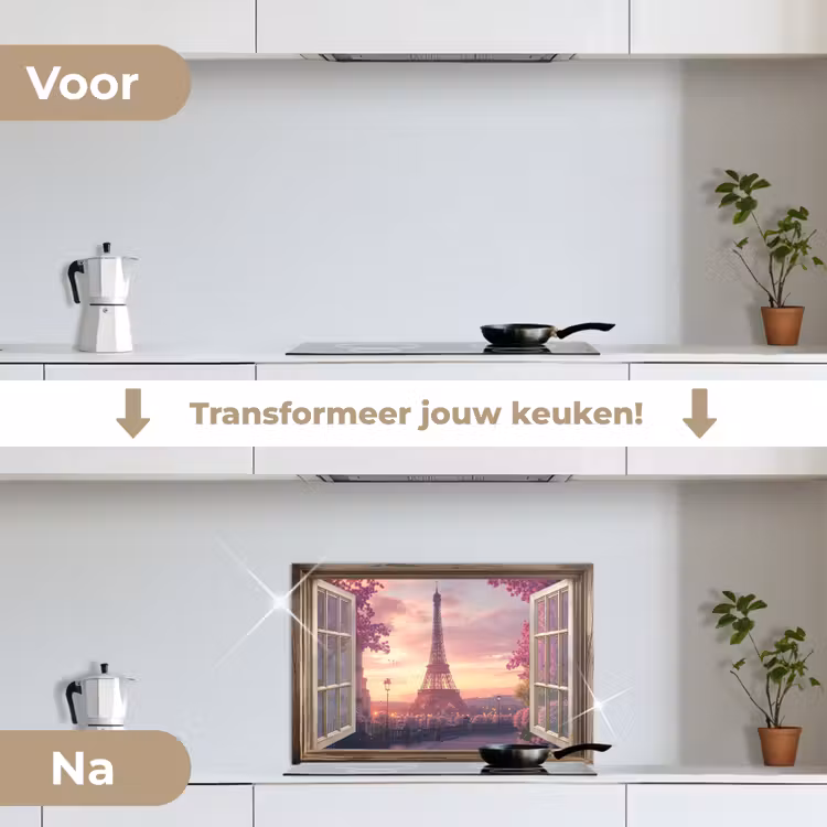 Doorkijk - Parijs - Eiffeltoren - Roze - Kersenbloesem keuken achterwand spatscherm klein -voor_na_NL