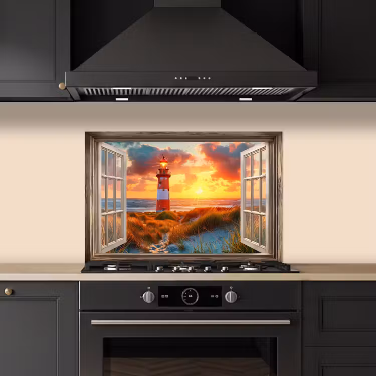 Doorkijk - Raam - Vuurtoren - Zonsondergang - Strand keuken achterwand spatscherm klein -sfeer1