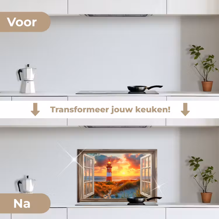 Doorkijk - Raam - Vuurtoren - Zonsondergang - Strand keuken achterwand spatscherm klein -voor_na_NL