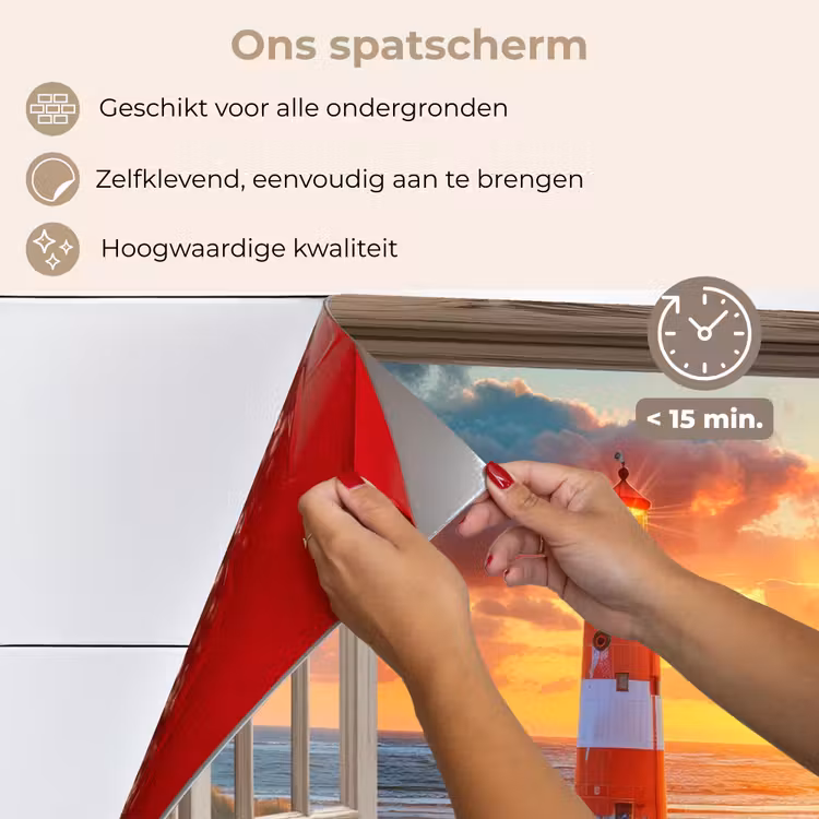 Doorkijk - Raam - Vuurtoren - Zonsondergang - Strand keuken achterwand spatscherm klein -spatscherm_NL