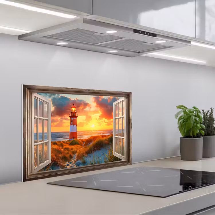 Doorkijk - Raam - Vuurtoren - Zonsondergang - Strand keuken achterwand spatscherm klein -3d_schuin