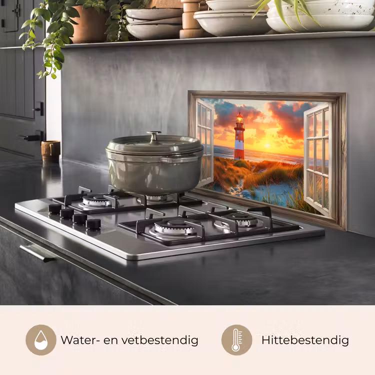 Doorkijk - Raam - Vuurtoren - Zonsondergang - Strand keuken achterwand spatscherm klein -usp_NL
