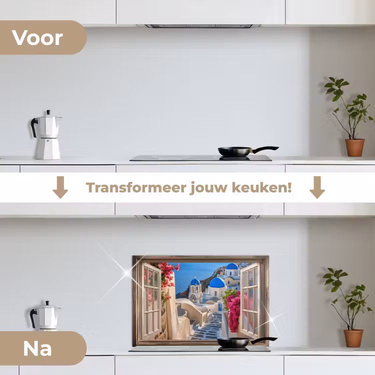 Doorkijk - Santorini - Landschap - Blauw - Grieks keuken achterwand spatscherm klein -voor_na_NL