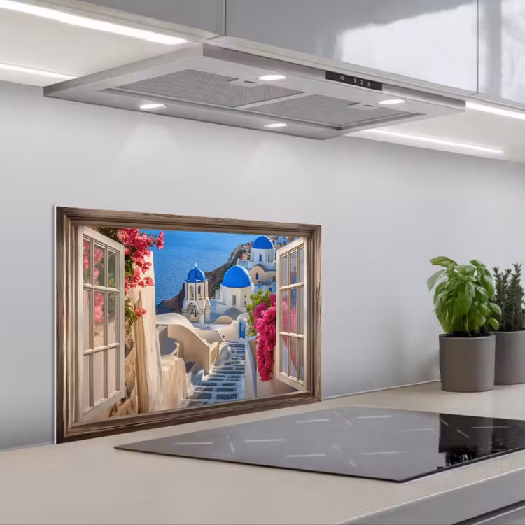 Doorkijk - Santorini - Landschap - Blauw - Grieks keuken achterwand spatscherm klein -3d_schuin