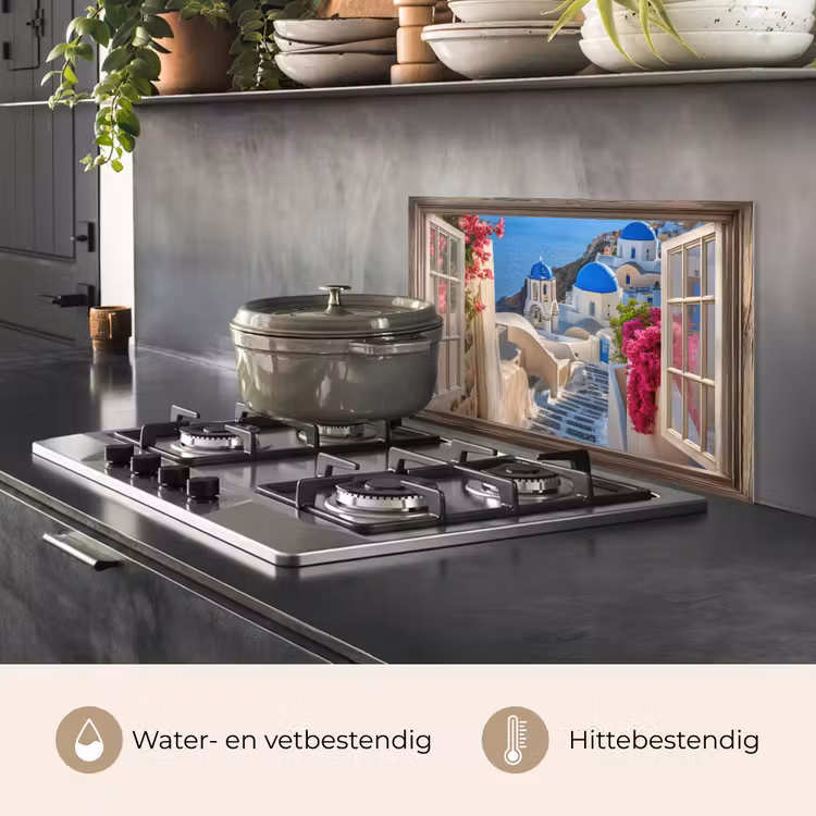 Doorkijk - Santorini - Landschap - Blauw - Grieks keuken achterwand spatscherm klein -usp_NL