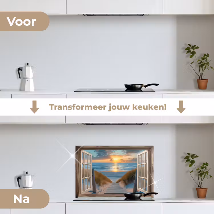 Doorkijk - Strand - Pad - Zonsondergang keuken achterwand spatscherm klein -voor_na_NL