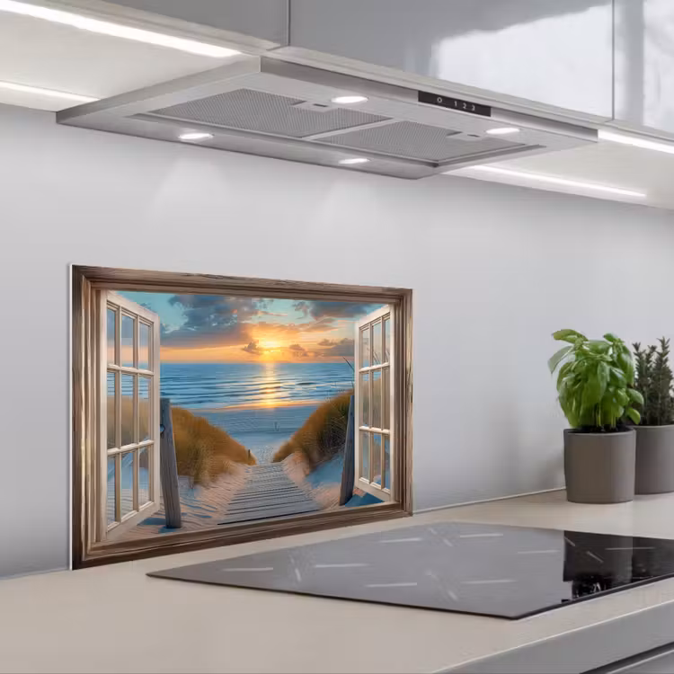 Doorkijk - Strand - Pad - Zonsondergang keuken achterwand spatscherm klein -3d_schuin