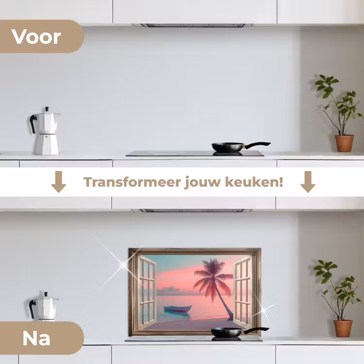 Doorkijk - Strand - Palmboom - Tropisch keuken achterwand spatscherm klein -voor_na_NL
