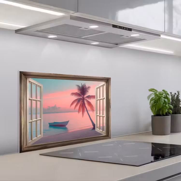 Doorkijk - Strand - Palmboom - Tropisch keuken achterwand spatscherm klein -3d_schuin