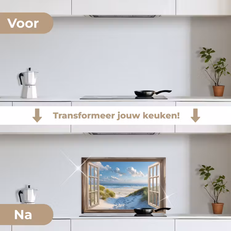 Doorkijk - Strand - Raam - Duinen - Zee keuken achterwand spatscherm klein -voor_na_NL