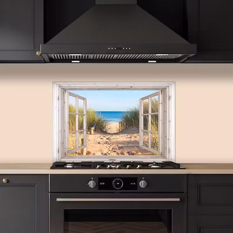 Doorkijk - Strand - Zee - Duinen - Zand - Water - Helmgras keuken achterwand spatscherm klein -sfeer1
