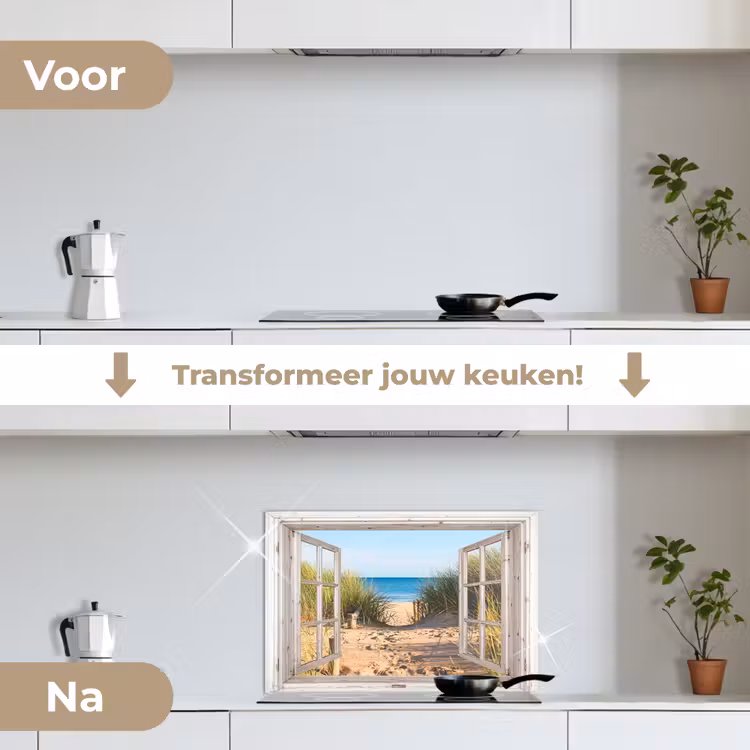 Doorkijk - Strand - Zee - Duinen - Zand - Water - Helmgras keuken achterwand spatscherm klein -voor_na_NL