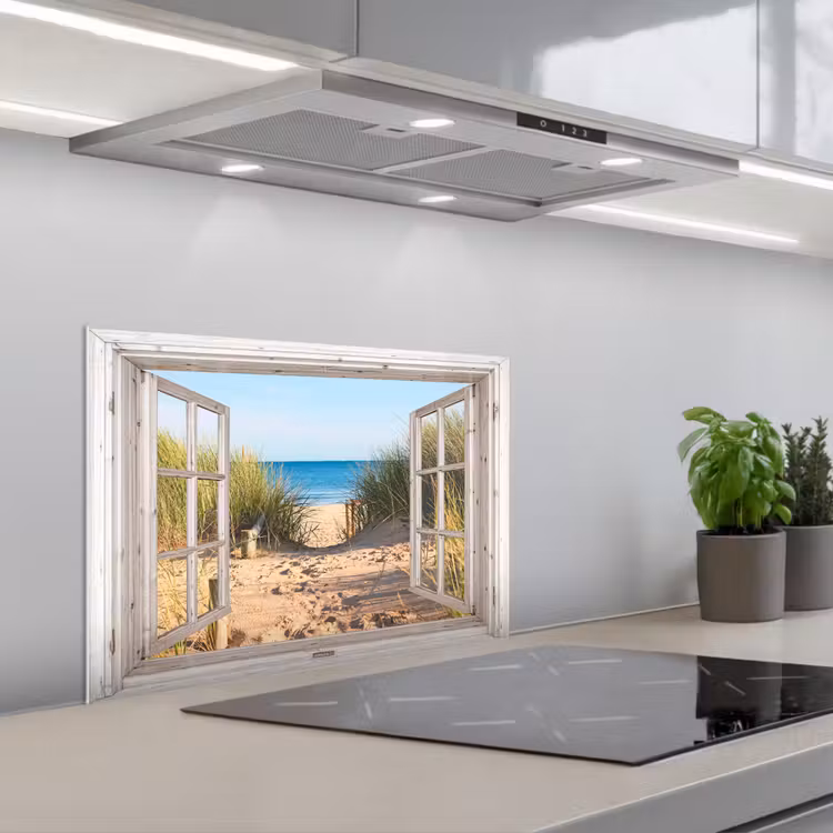Doorkijk - Strand - Zee - Duinen - Zand - Water - Helmgras keuken achterwand spatscherm klein -3d_schuin