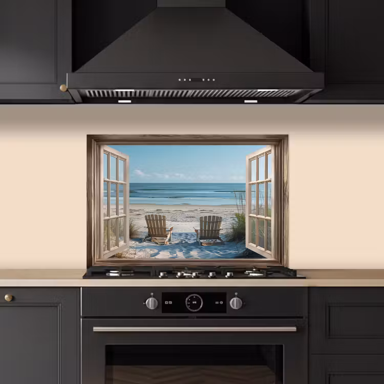 Doorkijk - Strandstoelen - Duinen - Zee - Natuur keuken achterwand spatscherm klein -sfeer1