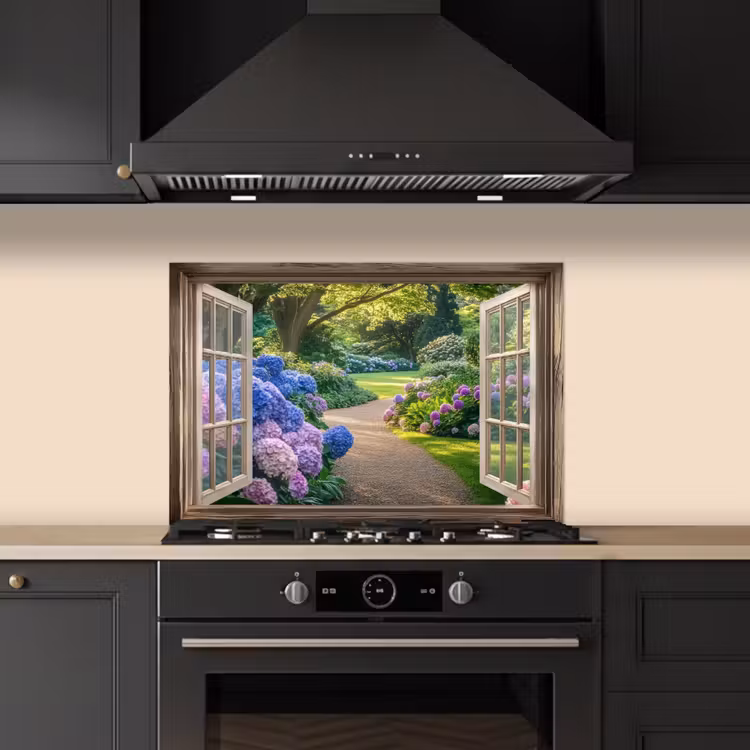 Doorkijk - Tuin - Raam - Hortensia - Bloemen keuken achterwand spatscherm klein -sfeer1