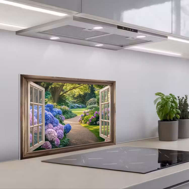 Doorkijk - Tuin - Raam - Hortensia - Bloemen keuken achterwand spatscherm klein -3d_schuin