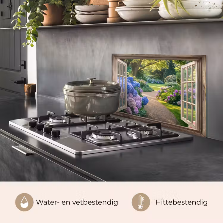 Doorkijk - Tuin - Raam - Hortensia - Bloemen keuken achterwand spatscherm klein -usp_NL