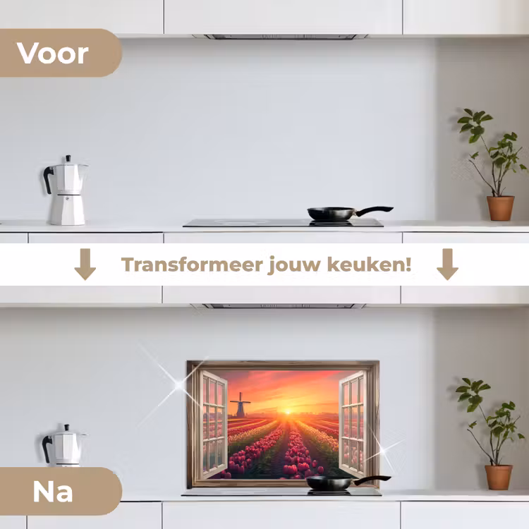 Doorkijk - Tulpen - Zonsondergang - Bloemen - Kleurrijk keuken achterwand spatscherm klein -voor_na_NL