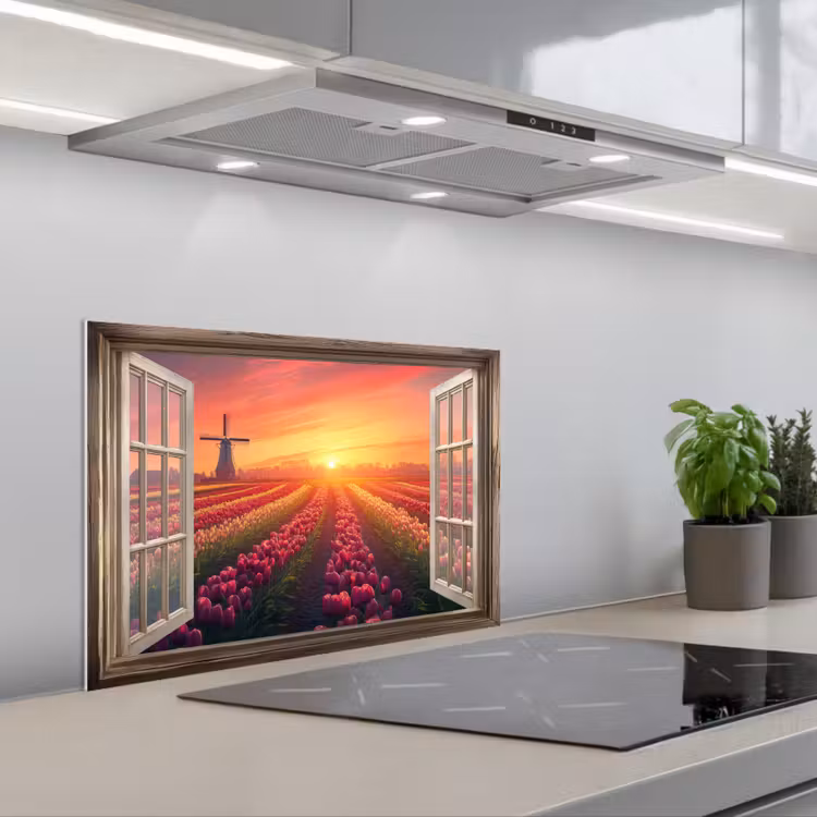 Doorkijk - Tulpen - Zonsondergang - Bloemen - Kleurrijk keuken achterwand spatscherm klein -3d_schuin