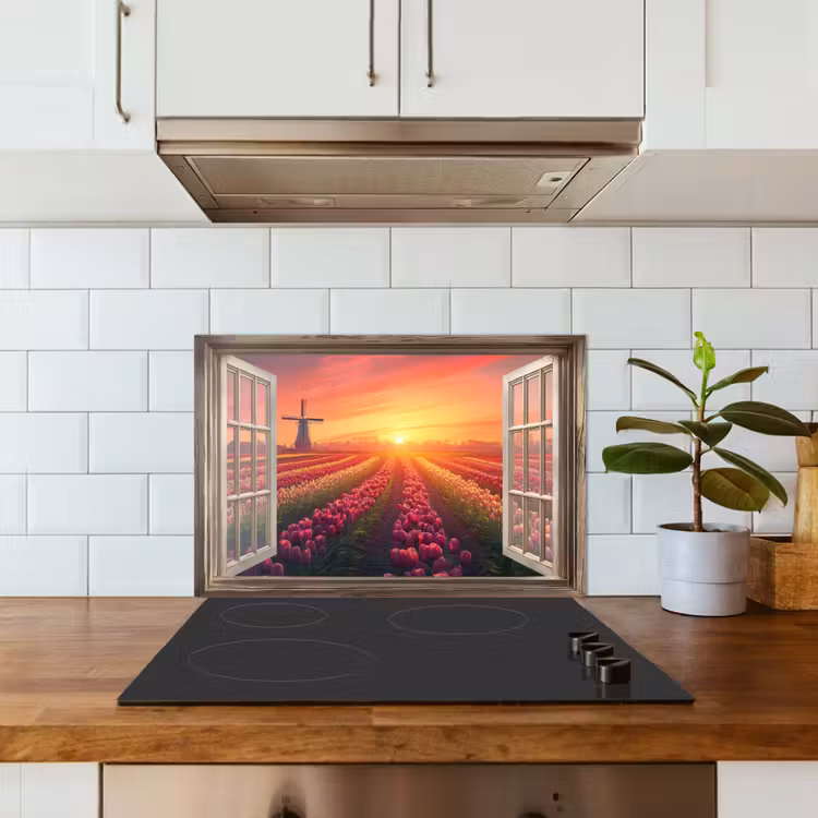 Doorkijk - Tulpen - Zonsondergang - Bloemen - Kleurrijk keuken achterwand spatscherm klein -sfeer2