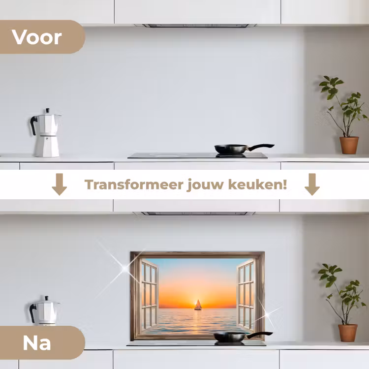 Doorkijk - Zee - Boot - Zonsondergang keuken achterwand spatscherm klein -voor_na_NL