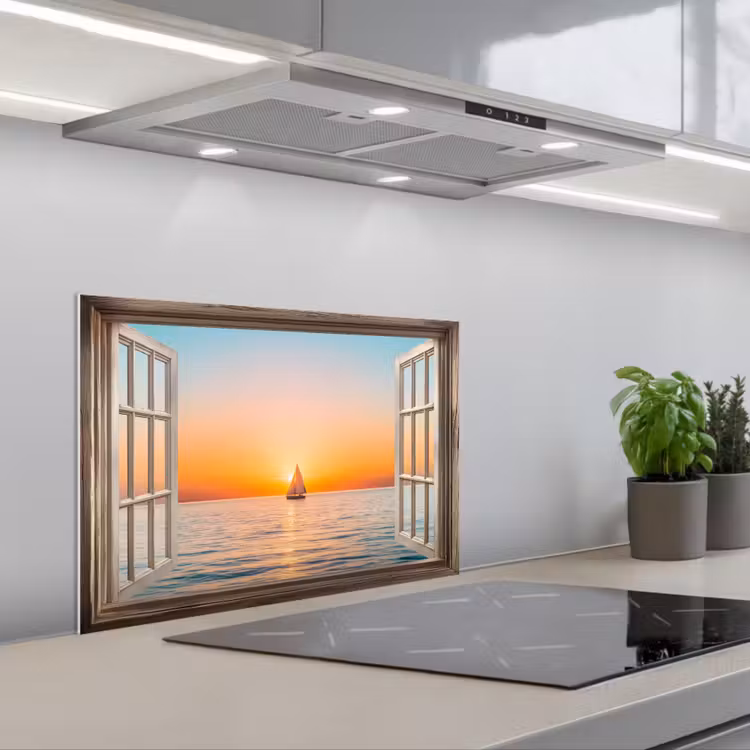 Doorkijk - Zee - Boot - Zonsondergang keuken achterwand spatscherm klein -3d_schuin