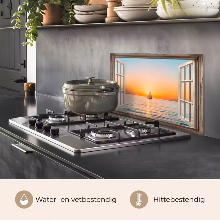 Doorkijk - Zee - Boot - Zonsondergang keuken achterwand spatscherm klein -usp_NL
