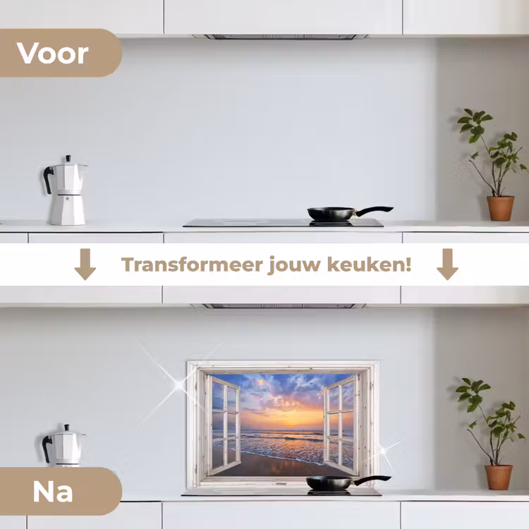 Doorkijk - Zee - Strand - Zonsondergang - Blauw keuken achterwand spatscherm klein -voor_na_NL